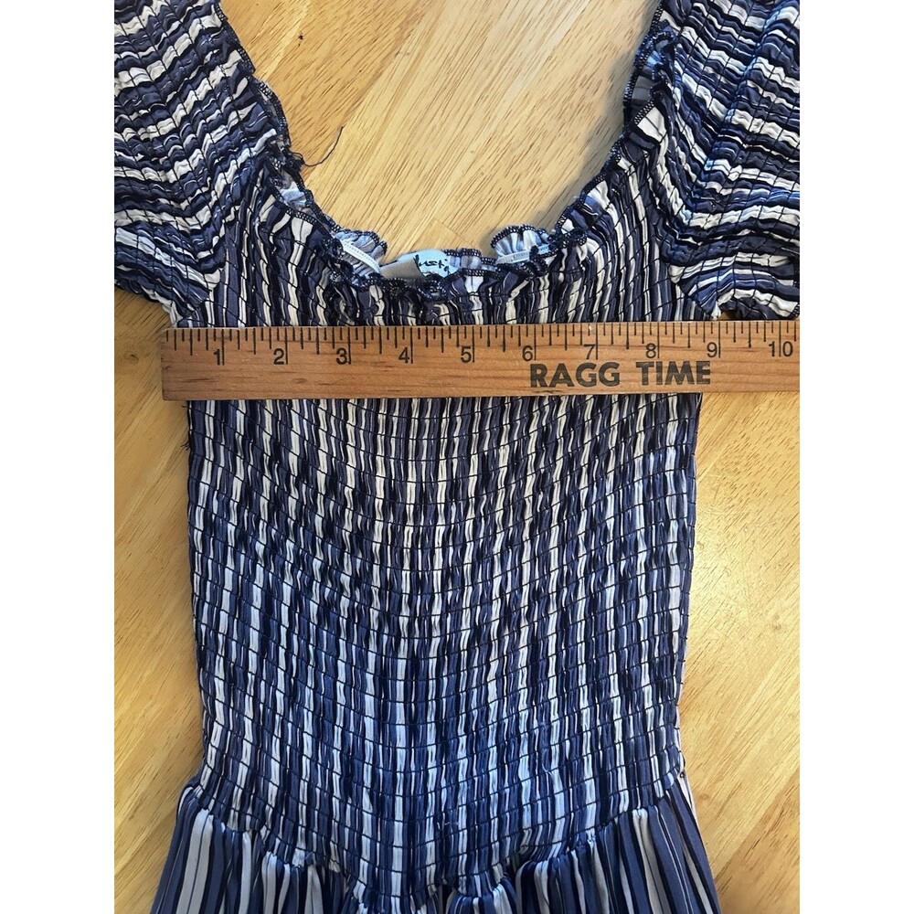 For Justify XL Blue White Stripe Smocked Wide Leg Off Shoulder Jumpsuit Romper - Picture 8 of 13